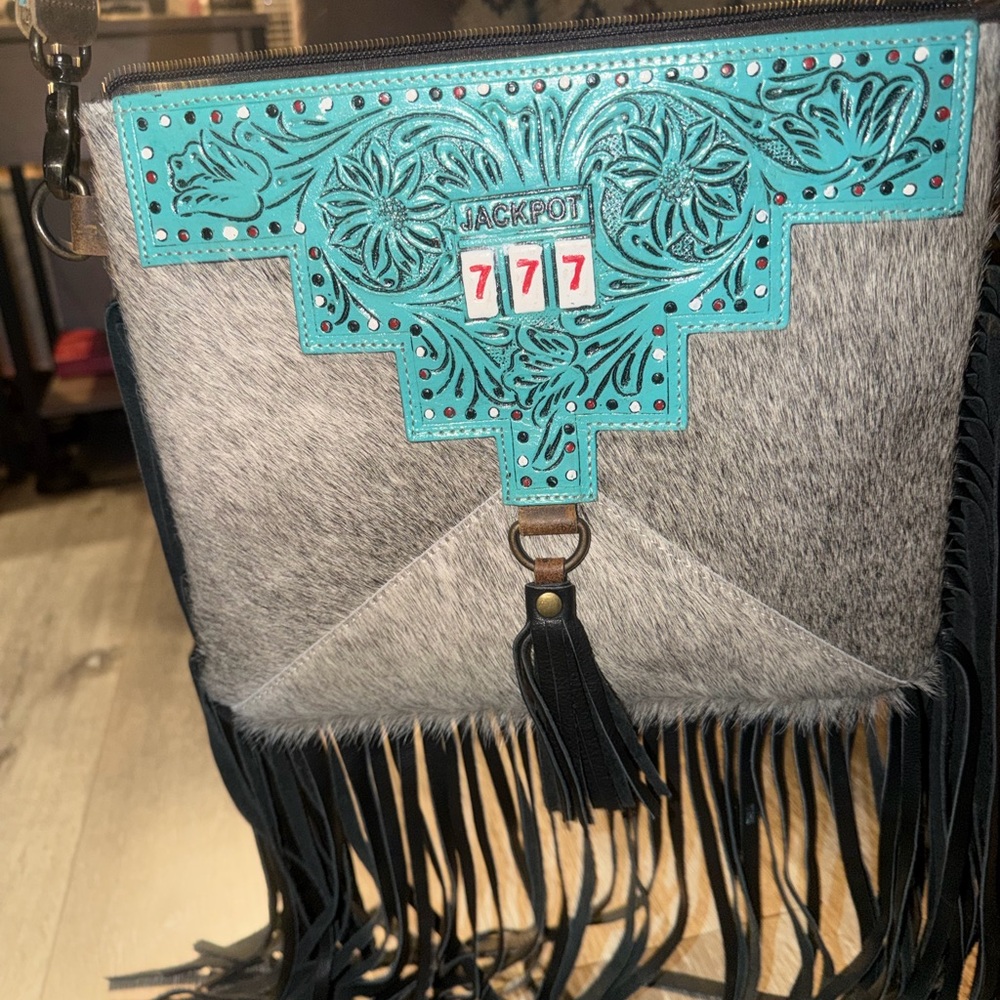 Turquoise Tooled Fringe Crossbody Bag with Hair-on Hide